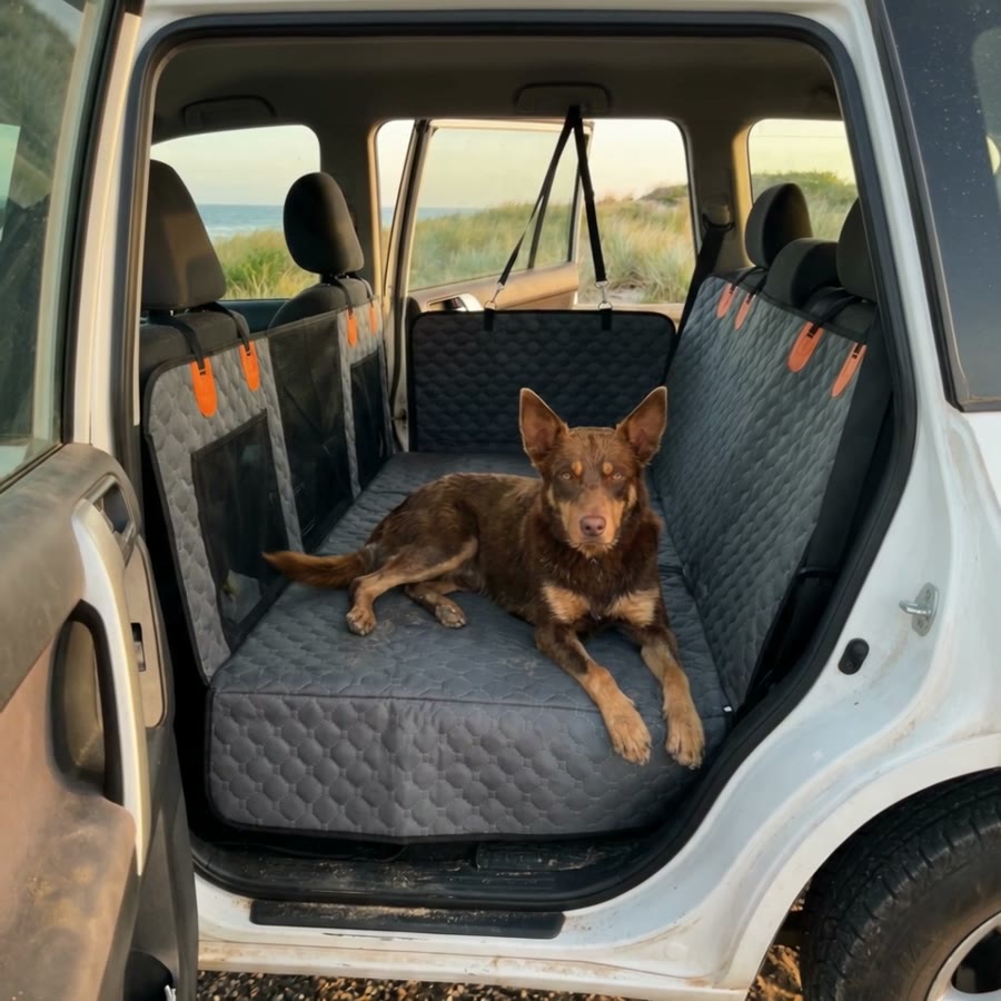 A kelpie lying settled on the strapped-in deck