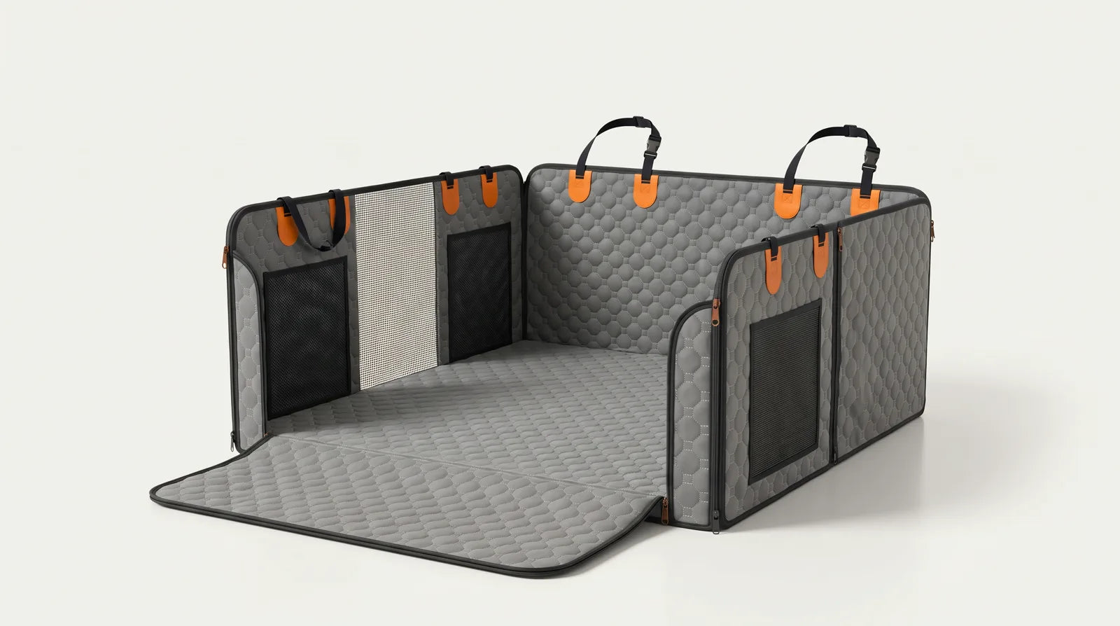The deck with one side flap zipped down into a step