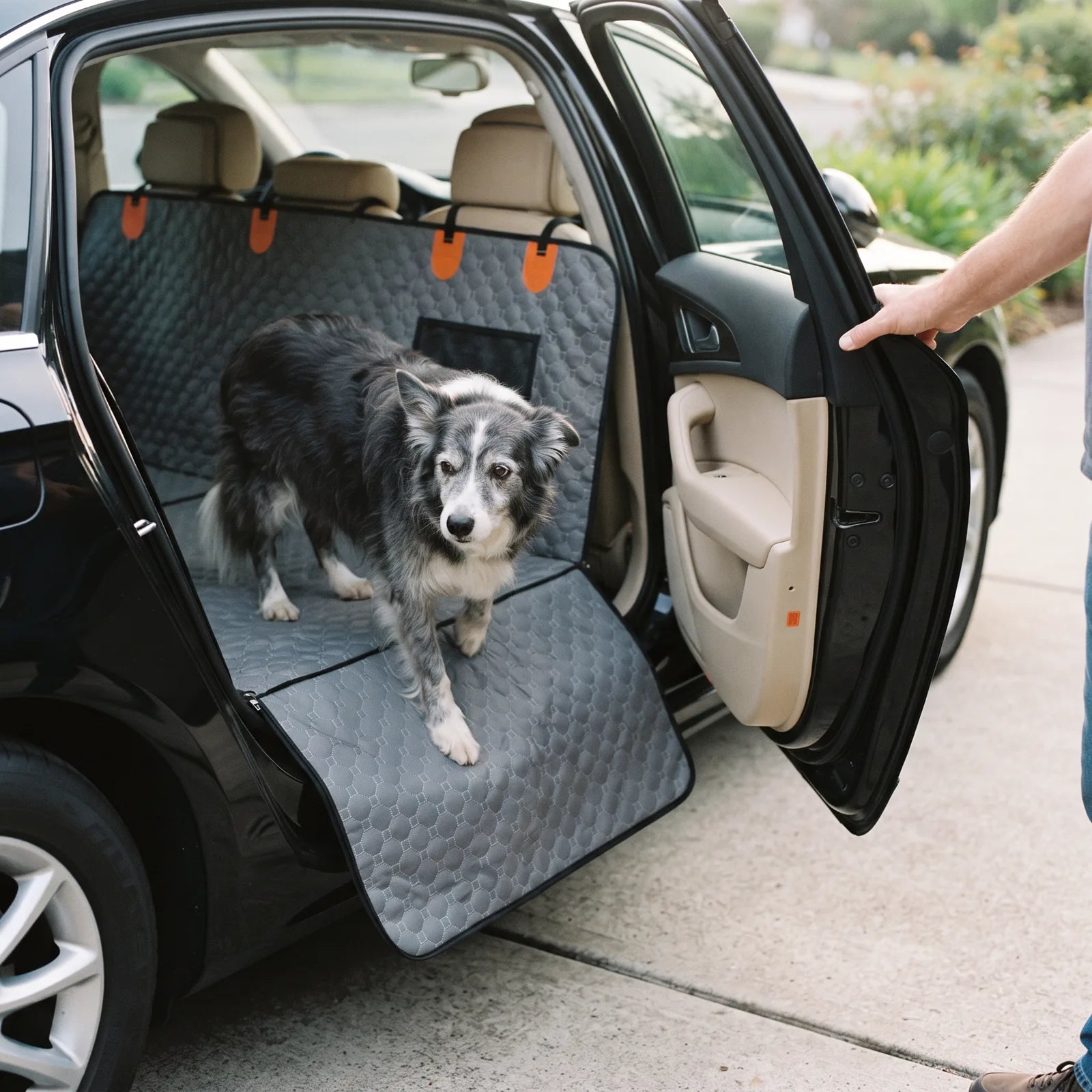 A dog stepping onto the deck through the open rear door