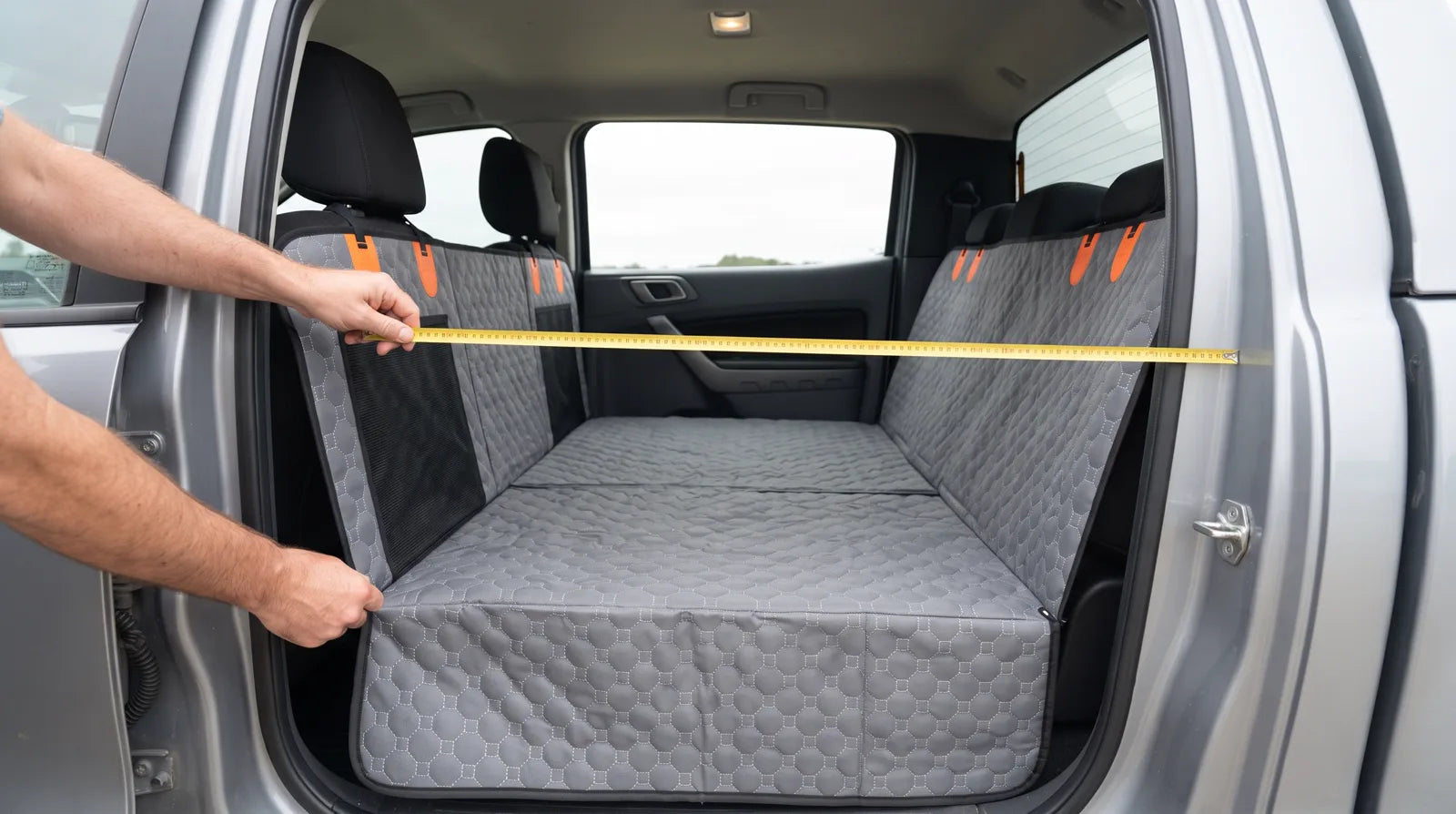 A tape measure across the back seat of a dual-cab ute, door to door